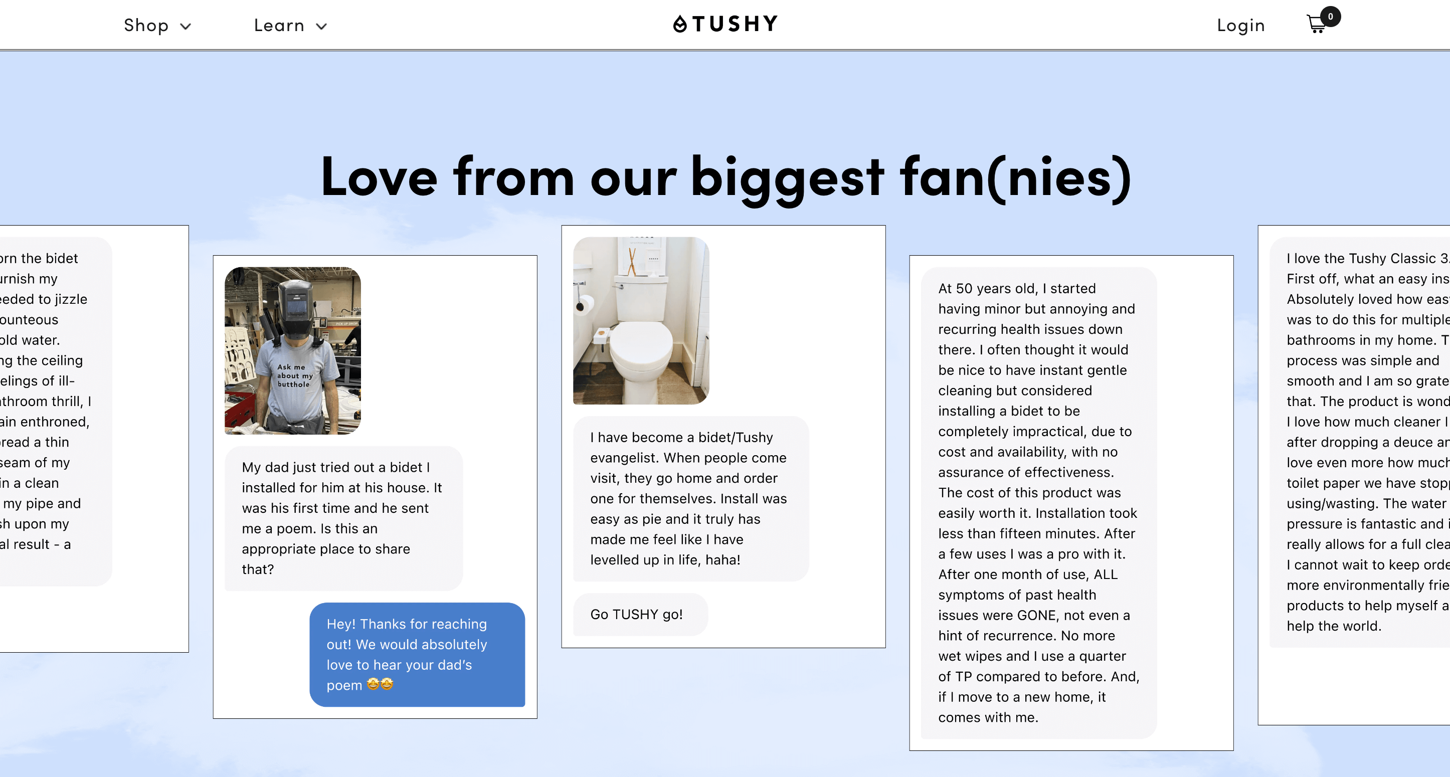 A screenshot of Tushy’s homepage showing user-generated content like customer testimonials, reviews, and images.